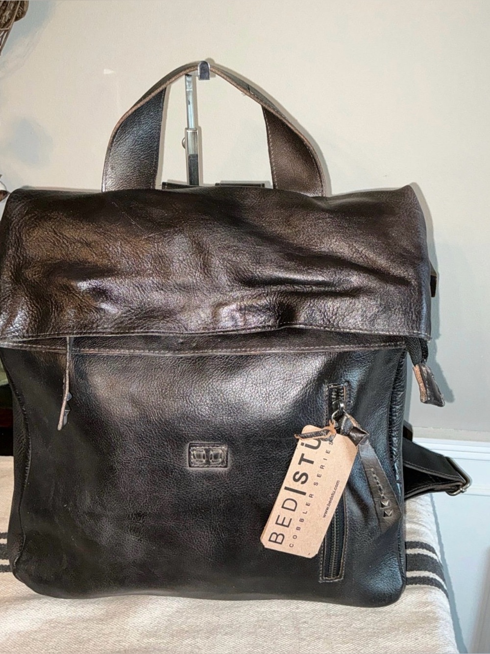 NWT Bed Stu Unisex Howie Flapover Leather Backpack Black Rustic Retail $365